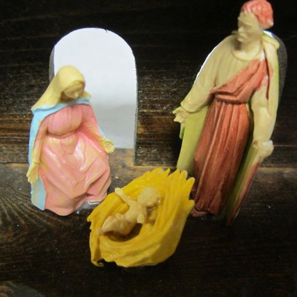 VTG 70'S SMALL WOOD & PLASTIC NATIVITY SCENE, SOLID WOOD CRECHE - Picture 7 of 7